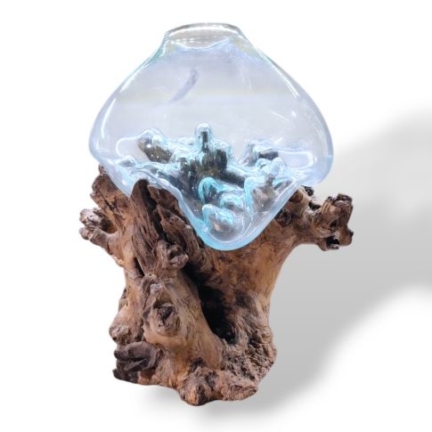 Vase mouth blown glass on wooden base