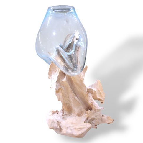 Vase mouth blown glass on teak root base - Large