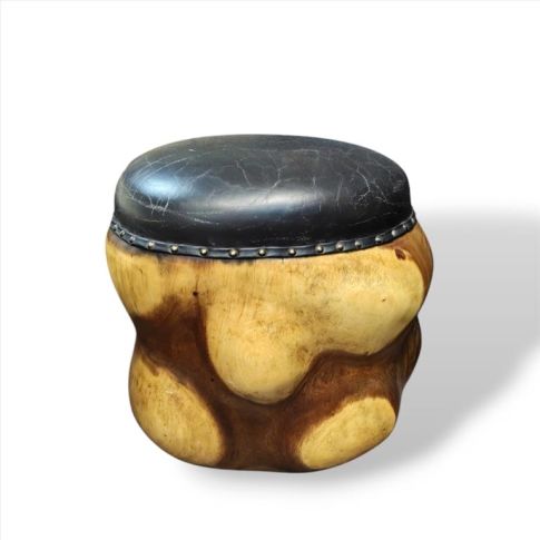 Stool black leather wood S
