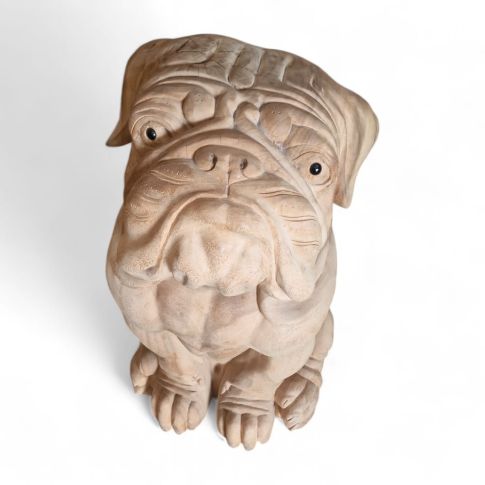 Sculpture of sitting dog in teak wood natural 70cm