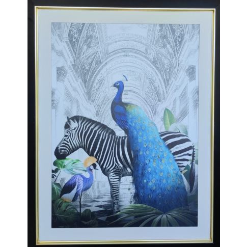 Painting peacock on zebra with wooden frame