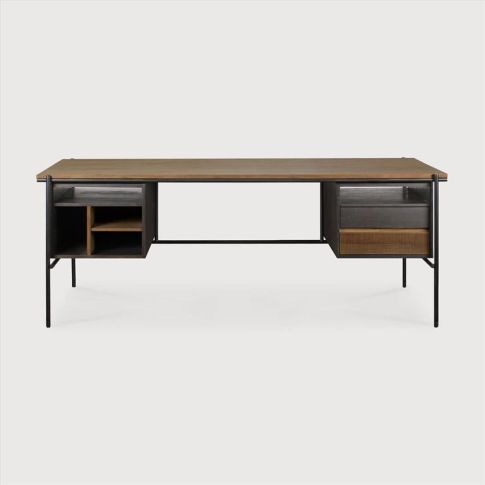 Desk with drawers in teak wood  black and brown