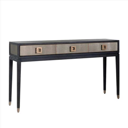 Console covered in leather with shagreen look, gold finish and 3 drawers