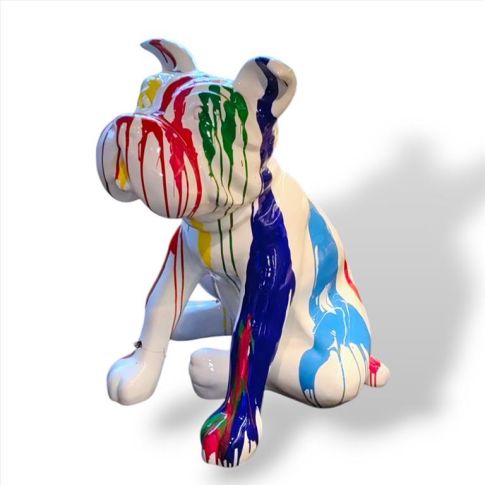Sculpture sitting dog white with colorful splash