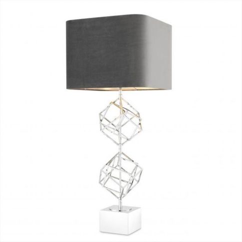 Table lamp nickel finish base with cubes with grey velvet shade