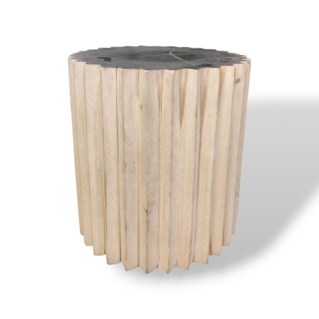 Stool / Side table wooden brown round with carved stripes