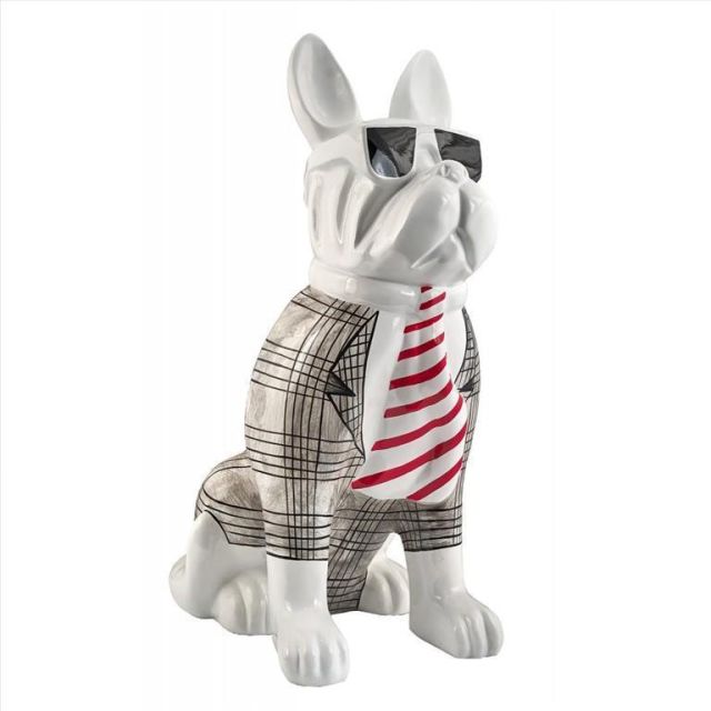Sculpture dog with sunglasses, red stripes tie and suit