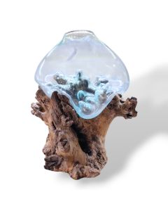 Vase mouth blown glass on wooden base
