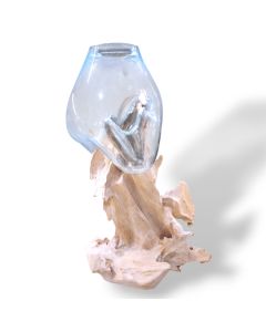 Vase mouth blown glass on teak root base - Large