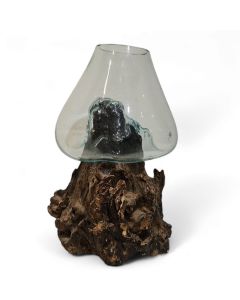 Vase mouth blown glass on olive root base - M