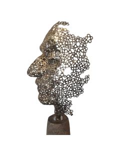 Sculpture face on base made of metal rings