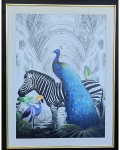 Painting peacock on zebra with wooden frame